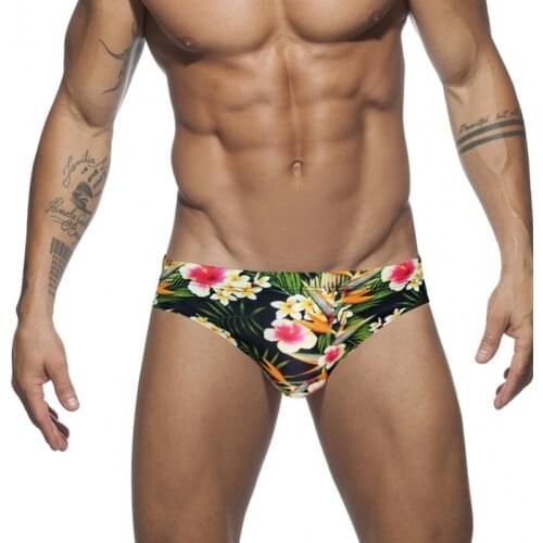 21 New Low Waist Swimwear Push Pad Swim Briefs Flower Print Men Swimsuit Sexy Bathing Suit Quick Dry Summer Sport Wear Surf Gay