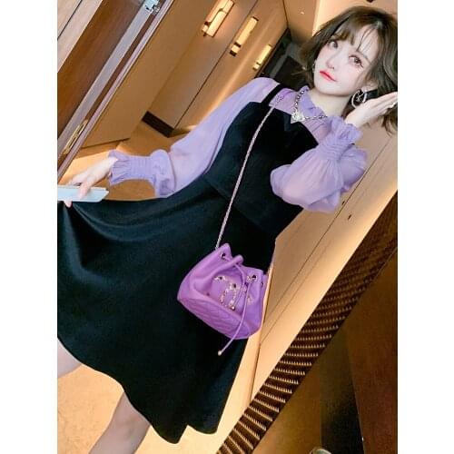 Auricularia vertical collar perspective yarn splicing sling waist closing fake two pieces dress Spring new High Quality