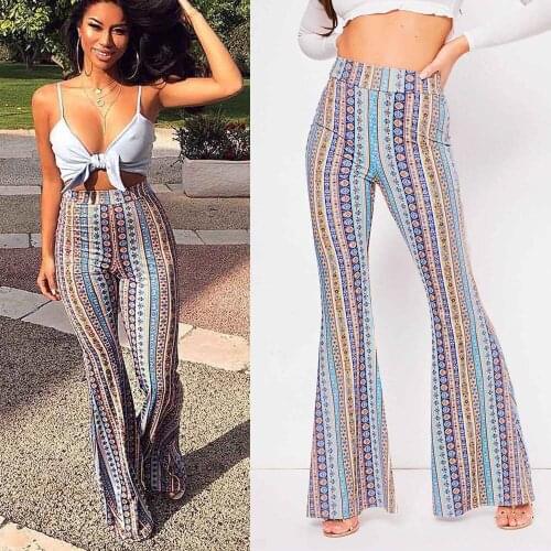 Print Boho Flare Pants Women Fashion Loose Long Pant Tribal African Print Wide Leg Trousers Bell Bottom Leggings Pants Elastic