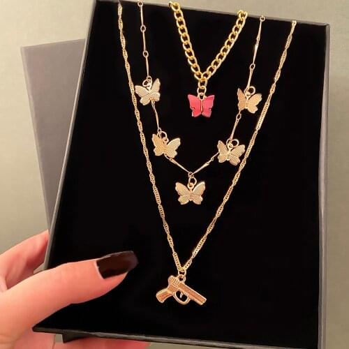 FNIO Vintage Multi-layer Butterfly Chain Choker Necklace For Women Gold Silver Color Fashion Gun Pendant Necklaces Jewelry