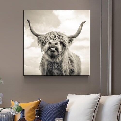 Clean Pure Highland Cow Art Canvas Poster Print Minimalistic Wall Art Cattle Animal Canvas Paintings for Home Decor