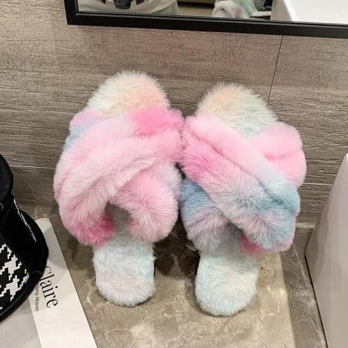 Home Slippers Faux Fur Warm Shoes Woman Slip on Flats Female Fur Flip Flops Fashion Cross Shape Warm Shoes Woman Slip on Flats