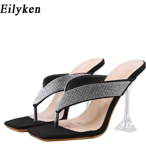 Eilyken New Transparent Spike Heels Women Slippers Fashion Clip Toe Narrow Band Ladies Shoes Crystal Rhinestone Strap Sandals