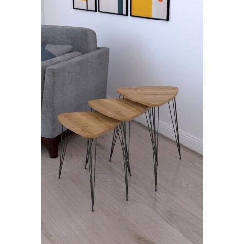 Elite 3 pcs Triangle Zigon Coffee Table and Serving Stand-Oak made in turkiye