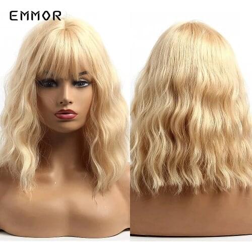 EMMOR Short Blonde Water Wave Hair Wig with Bangs for White Black Women Synthetic Heat Resistant Bob Daily Cosplay Party Wigs