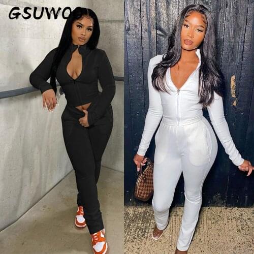 GSUWOO Fashion Womens Zipper Cardigan Tight-fitting Tracksuit Autumn Casual Long-sleeved Sports Black/Beige Two-piece Suit