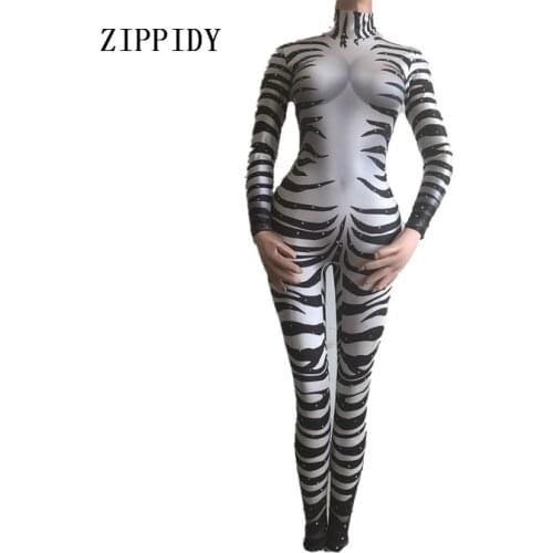Zebra Printed Rhinestone Jumpsuit Female Sexy Stretch Leggings Cosplay Costume One-piece Bodysuit Stretch Outfit Party Rompers