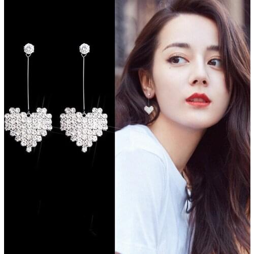 Korean Temperament Cubic Zirconia Crystal Heart Earrings Long Ear Clips Non Pierced Earrings for Women Wedding Bride Jewelry