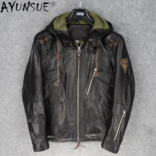 AYUNSUE Men Clothing Autumn Coat Male 5XL Hooded Clothes Real Sheepskin Leather Jacket Mens Windbreaker Hommes Veste LXR511