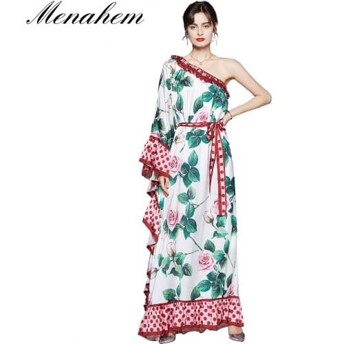 Menahem Summer Bohemian Loose Maxi Dress Womens One Shoulder Floral Print Polka Dot Lotus Leaf Chiffon Long Dress With Belt