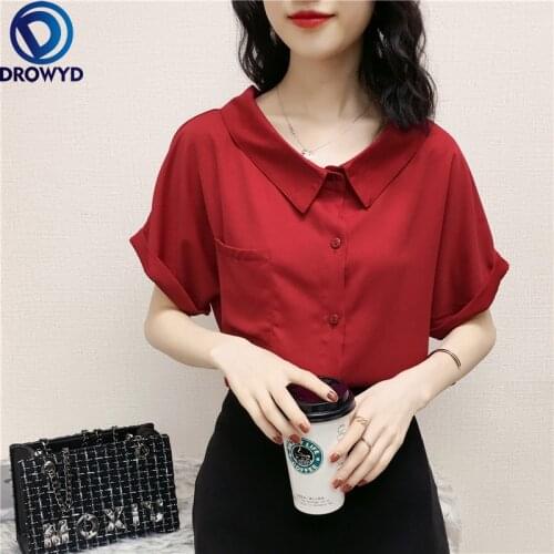 Summer Korean Style Doll Collar Hipster Shirt Loose Slim Fit Turn-down Collar Short Sleeve Chiffon Blouse Women Fashion Blusas