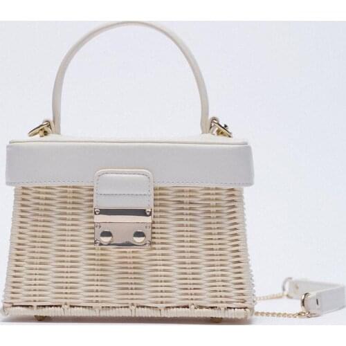 2021 ZA New Female Messenger Bag Retro White Lock Belt Handle Straw Grass Cane Handbag Rattan Color-Blocking Box-Shaped Bag