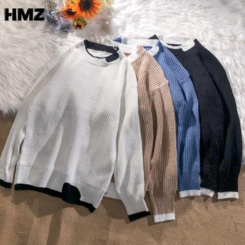 HMZ New Mens Loose Sweater Patchwork Harajuku Pullover Autumn Winter Pullover Men Knitted Sweaters Casual Fashion Pullovers Men