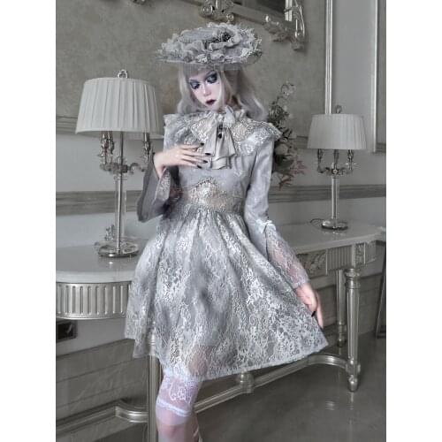 Original Rose Funeral White Gothic Dark Dirty Dyeing Lace Flare Long Sleeved Short Dress Girls Hollow Out Medieval Dress Autumn