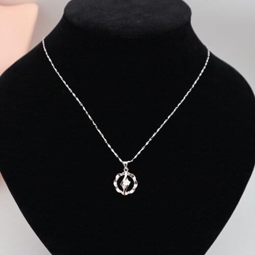 Plated White Gold 925 Sterling Silver Necklace Inlaid Shiny Crystal Zircon Wave Circular loop Flower Leaf Pendant Necklace Women