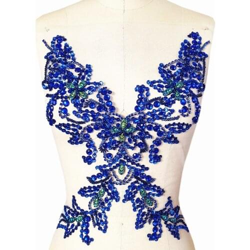 BLUE Royal Hand Beaded Rhinestone Sequins Applique Crystals Patches 29x39cm Sewing Crastal For Wedding Evening Dress Accessories
