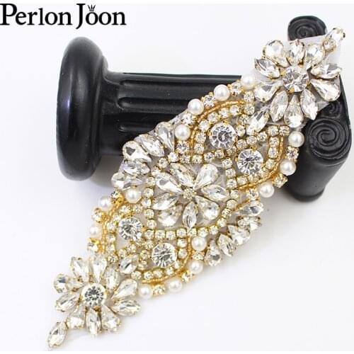 1PC Glitter Handmade glass gold Rhinestone Applique Sewn on Wedding Dress Crystal Patch Decoration Accessories WH00024