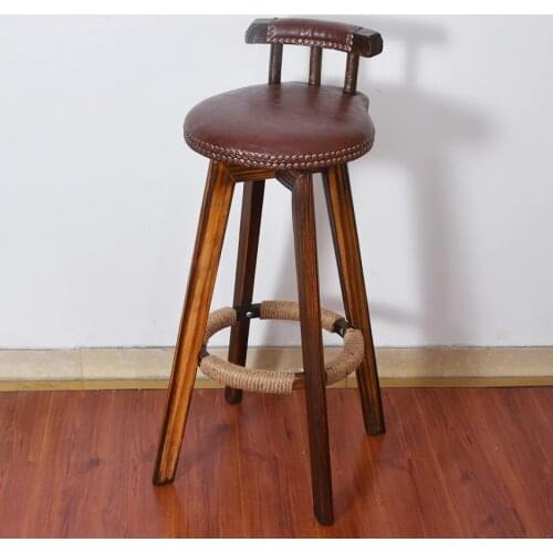 Rotatable Bar Chair Stool Solid Wood 4 Leg Dining Chair Bar Counter Chair High Footstool With Low Backrest Commercial Furniture