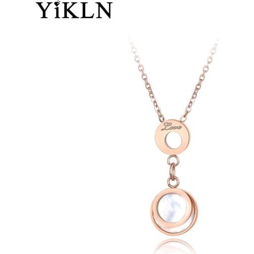 YiKLN Stainless Steel Jewelry Love Letter Pendant White Shell Circle Rose Gold Color Necklace For Women Girls Collier YN18077