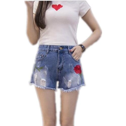 High Waist Fashion Embroidery Rose Red Women Shorts 2018 Summer Preppy Style Women Loose Wide Leg Denim Shorts Female ShortsQ192