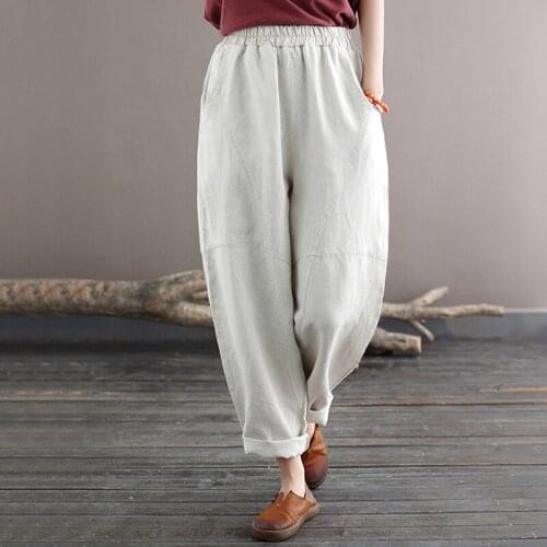Johnature Women Linen Wide Leg Pants Elastic Waist Solid Color Patchwork Pockets Trouser 2021 Autumn New Casual Loose Pants