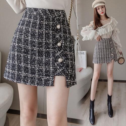 Plaid Tweed Skirts Women High Waist Elegant Vintage Mini A-line Skirt Autumn Winter Wool Skirts Buttons Jupe Femme Y699