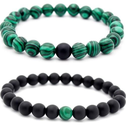2Pcs/Set 8mm Matte Black Matte Stone Malachite Couple Bracelet Elastic Natural Beaded Bracelets for Men Women Fashion Jewelry