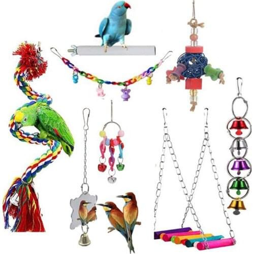 8 Pcs Green Pet Supplies Bird Parrot Training Toys Peck Gnawing Toy Set Birds Stand Playground Accessories Swing Bell Mirror