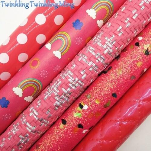 Rainbow Red Glitter, Plaids Dots Synthetic Leather Faux Fabric Sheets For Bow A4 21x29CM Twinkling Ming XM019J