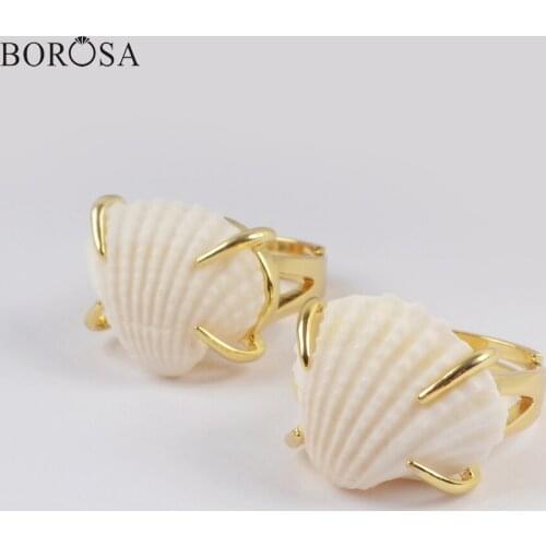 BOROSA Design 10Pcs Gild Claw Natural Pearl Scallops Shell Ring Jewelry Wholesale Natural Fan Shell Rings for Women ZG0426