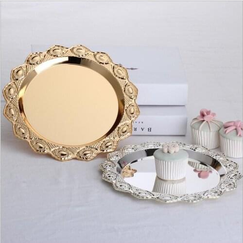 Diameter 25 home decoration round flowerembossed silver/gold metal kitchen dishes cake pan dinner plates DGP050
