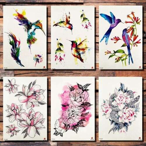 FANRUI Hummingbird Rose Flower Leaves Temporary Tattoo Sticker Body Art Arm Watercolor Drawing Tattoo Natural Snake Fake Tattoo