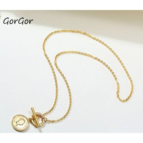 GorGor Fashion Classic Stainless Steel Elizabeth Round Necklace OT Buckle Pendant Gold Ladies Coin Custom Jewelry NC-564