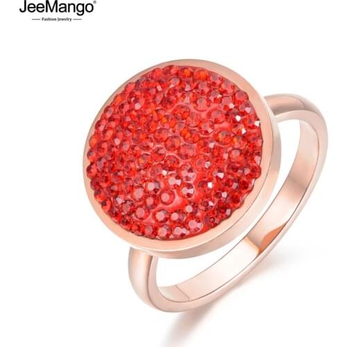 JeeMango Rose Gold Color Round Shape Wedding Rings Jewelry Stainless Steel Black/Red Rhinestone Rings For Women Anneau JR18031