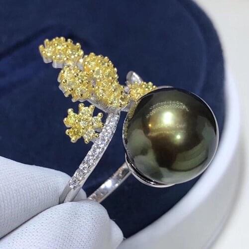 D517 Pearl Ring Fine Jewelry 925 Sterling Silver Round 11-12mm Fresh Water Peacock Green Peacock Pearls Rings for Women Present