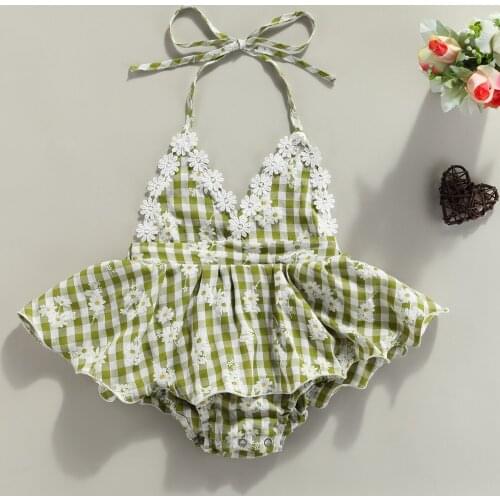 Ma&Baby 0-24M Summer Flower Baby Girl Rompers Newborn Infant Girls Lace Plaid Jumpsuit V neck Clothing Outfits DD15
