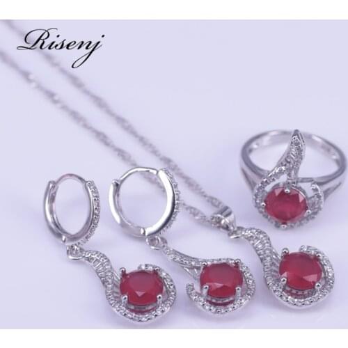 925 Sterling Silver Jewelry Set For Women Rose Red Bridal Jewelry Set Earrings Ring Necklace Set