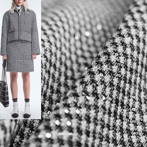 Red Raspberry France Tweed Black White Plaid Sequins Fabrics Materials Autumn Women Coat Skirt DIY Sewing Cloth Freeshipping