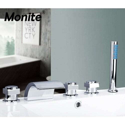 Monite Solid Brass 5 Pcs Waterfall Bathtub Shower Faucet Set Chrome 3 Handles Deck Mount Waterfall Basin Faucet Mixer Water Tap