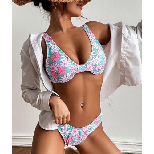 Mossha Sexy high cut swimwear female Underwired push up bikinis 2021 mujer Floral print swimsuit womens swimming suit Beachwear