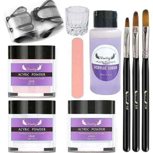 Acrylic Nail Kit DIY Acrylic Powder Liquid Set with Nail Brush Nail File 3 Colours Nail Powder Kit for Beginners DIY Nail Kit