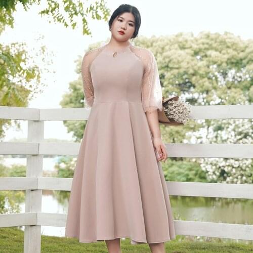 New Simple Lace Half Sleeves Evening Dress O-Neck Tea-length A-line Beige Zipper Back Ruched Plus Size Women Formal Gowns D457