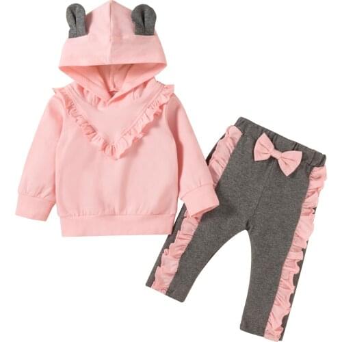 Clothes For Newborn Casual Long Sleeve Ruffle Hoodie Pullover Tops Bowknot Pants 2Pcs Cotton Clothing Sets Baby Girl Clothes