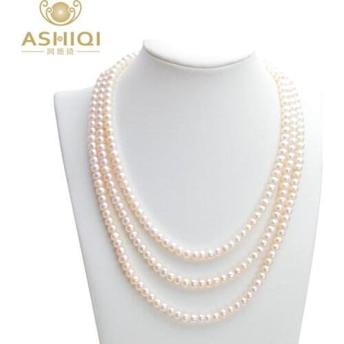 ASHIQI Natural Freshwater pearl Necklaces, 3 strand pearl necklace for women , 7-8mm Pearl Jewelry