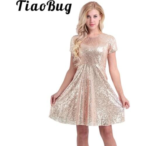 Women Ladies Round Neckline A-line Bridesmaid Dress Short Sleeve Shiny Sequin Wedding Party Dress Women Elegant Bridesmaid Dress