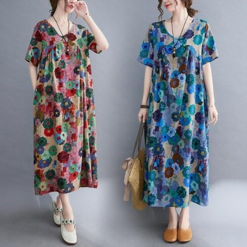 Cotton linen Summer Women Dress Printed V-neck Long Vestidos Short-sleeved A-line Skirt Temperament Commuter Robe Femme Dresses