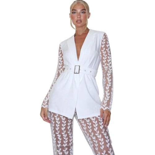 Permeable lace small floral long-sleeved top flared pants with belt buckle