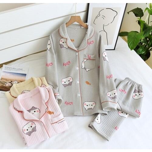 Thicken winter pajamas sets women cute cat keep warm 100% scuba cotton Quilted long-sleeved sleepwear women pyjamas