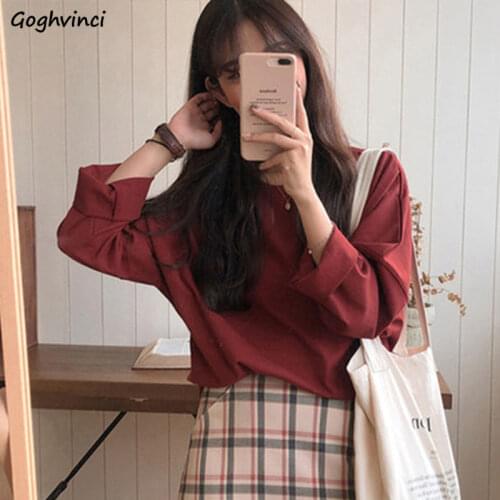 Long Sleeve T-shirts Women Spring Solid Korean Style Vintage Loose Womens Tops Ulzzang All-match Autumn Ins Students Simple Chic