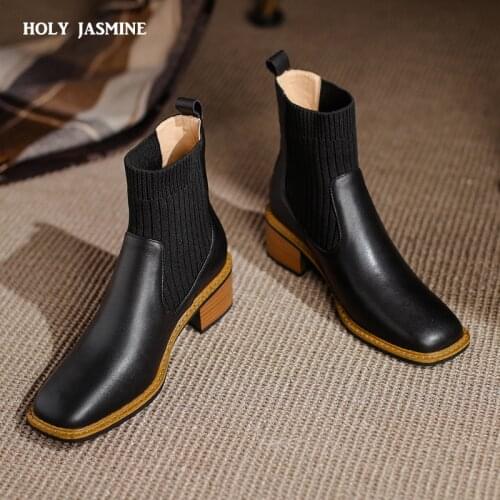 2021 New Retro Square Toe Knitting Ankle Boots Square Med Heel Women Shoes Autumn Winter Genuine Leather Short Boots Size 34-40